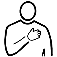 Sketch of the upper half of a body, the right arm is bent to place their hand over their heart.